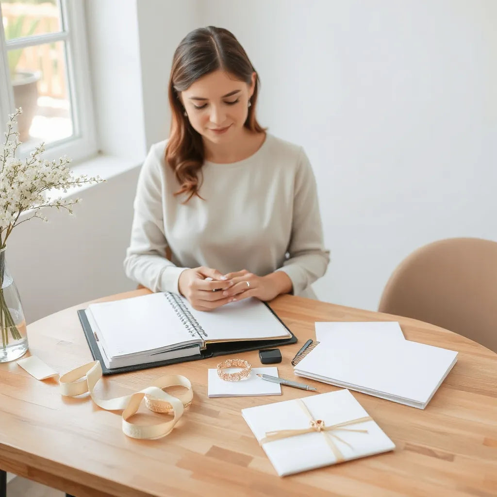 Wedding coordinator organizing a planner and keepsake folders for bridesmaids.