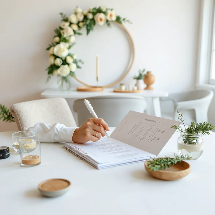 Wedding planner reviewing a detailed itinerary on a tidy table with elegant decor softly blurred behind
