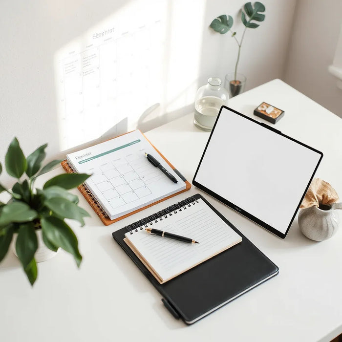 Event planner reviewing a checklist with calendar and vendor planning materials on a desk
