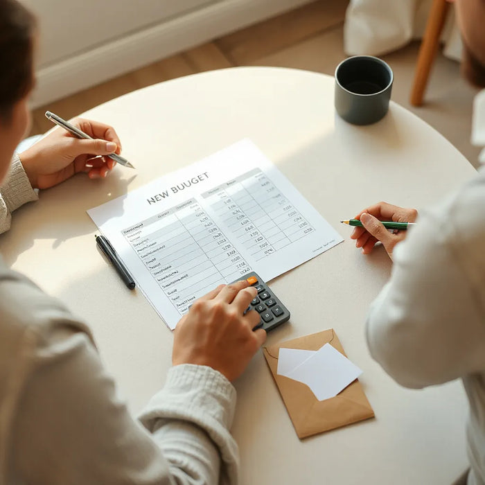 Couple reviewing wedding budget documents with calculator on a tidy table
