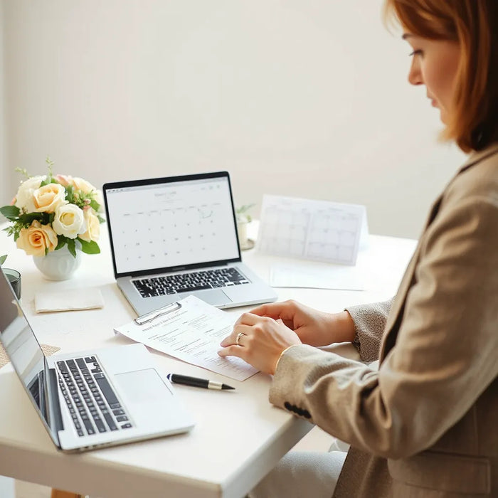 Wedding event planner reviewing a checklist and venue details at a tidy desk