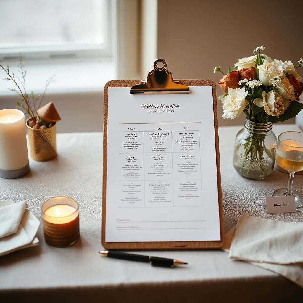 Clipboard seating layout with place cards and a tidy table arrangement for reception planning