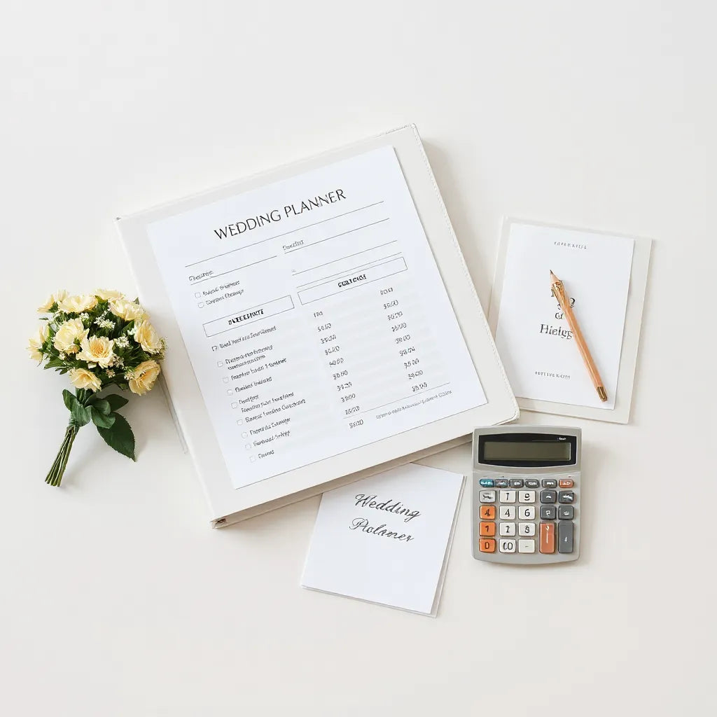 Wedding planning materials and budget tools on a table with a small bouquet nearby