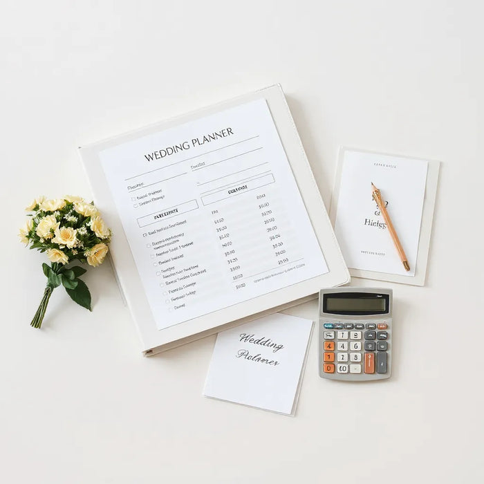 Wedding planning materials and budget tools on a table with a small bouquet nearby