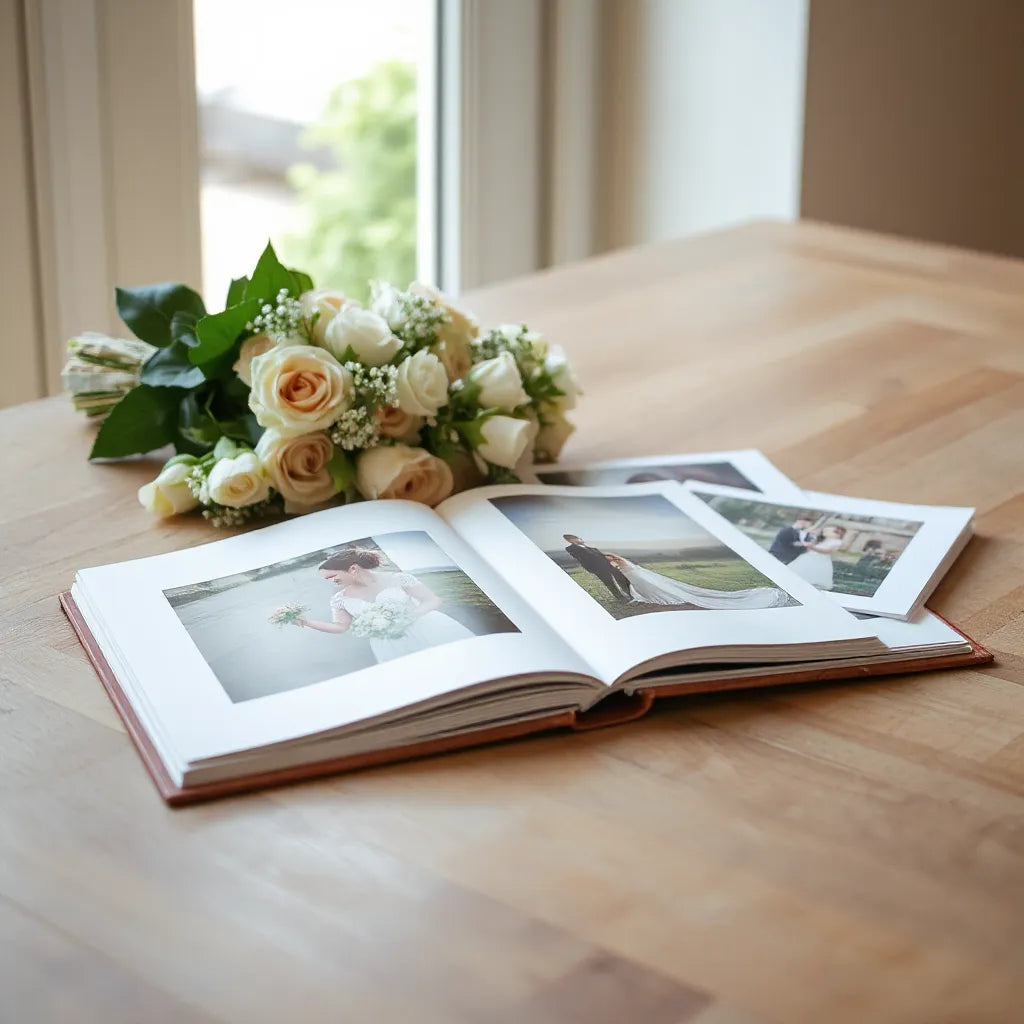 Open wedding photo album with printed images and a small bouquet on a softly lit table