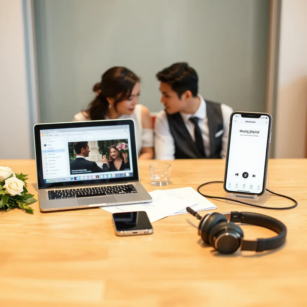 Wedding couple planning a music playlist at a table with headphones and a laptop