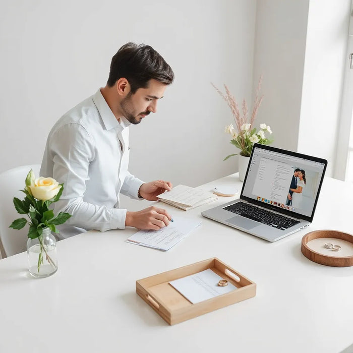 Wedding planner organizing a wedding timeline on a desk with notes, laptop, and soft floral decor