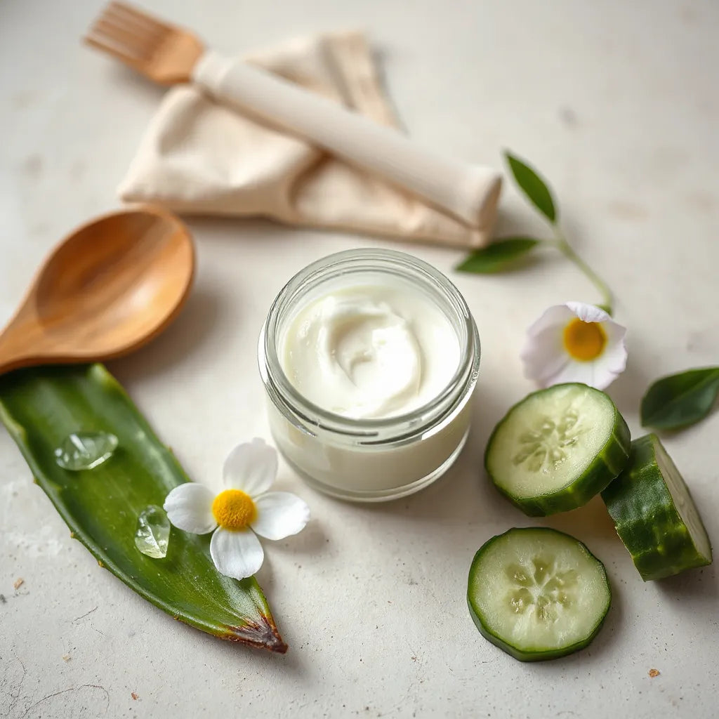 Jar of creamy plant-based moisturizer with fresh aloe, chamomile, and cucumber on a light stone surface