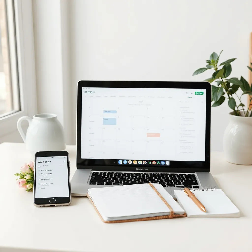 Laptop and smartphone showing wedding planning tools on a desk with a bouquet and notebook