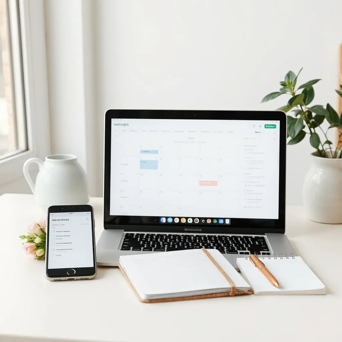 Laptop and smartphone showing wedding planning tools on a desk with a bouquet and notebook