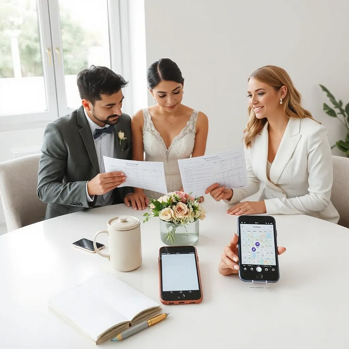 Bride and groom collaborating with vendors over a shared schedule and wedding plans at a clean table