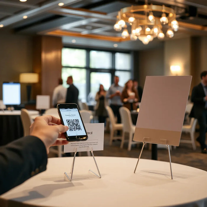 Smartphone scanning a QR code on a display stand near a venue entrance