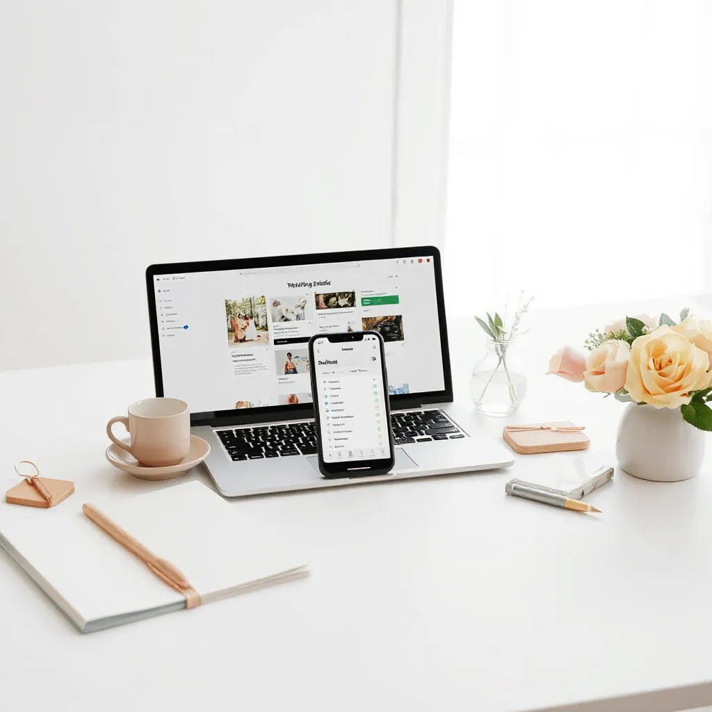 Laptop and smartphone showing wedding planning checklists on a tidy desk with a small bouquet