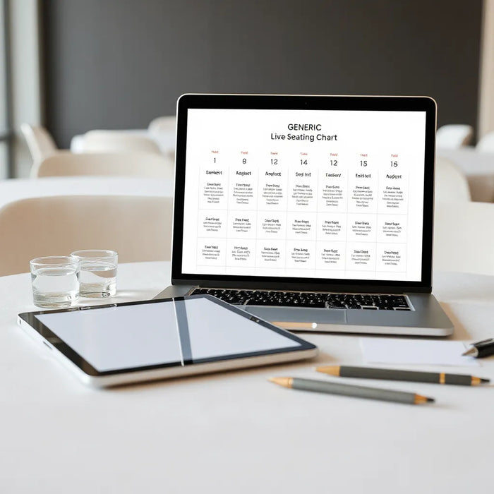 Tablet and laptop on a table showing a live seating chart grid for event planning