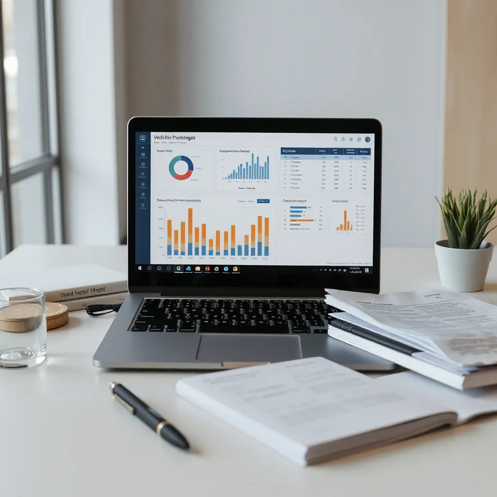 Manager reviewing vendor performance dashboards on a laptop with shared documents on a desk