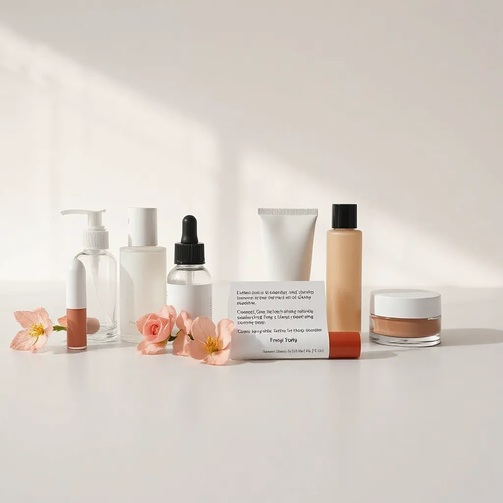 Neatly arranged skincare and makeup products on a neutral background with soft natural lighting