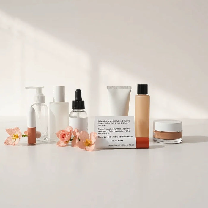 Neatly arranged skincare and makeup products on a neutral background with soft natural lighting