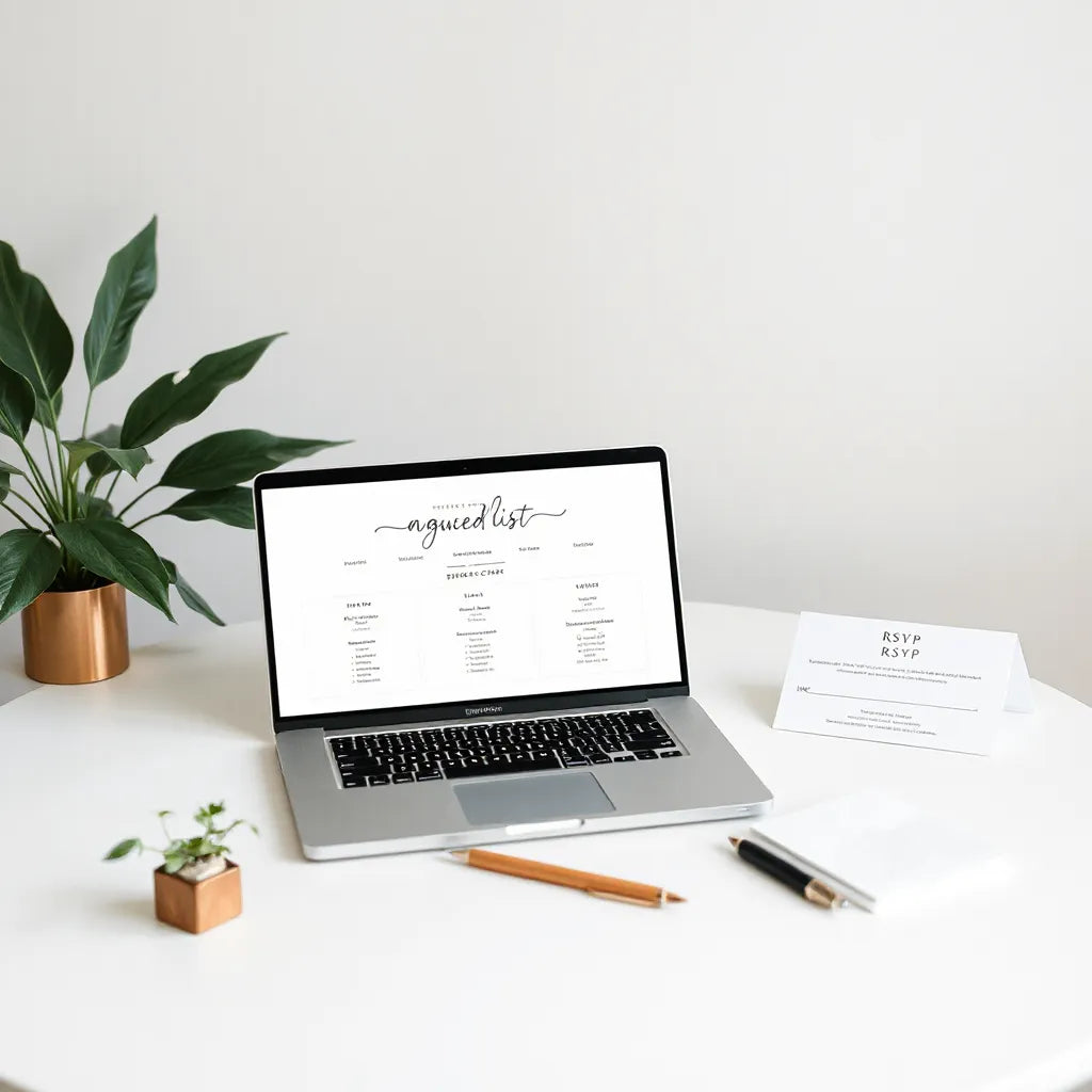 Laptop with guest list and seating layout beside wedding invitations and RSVP cards