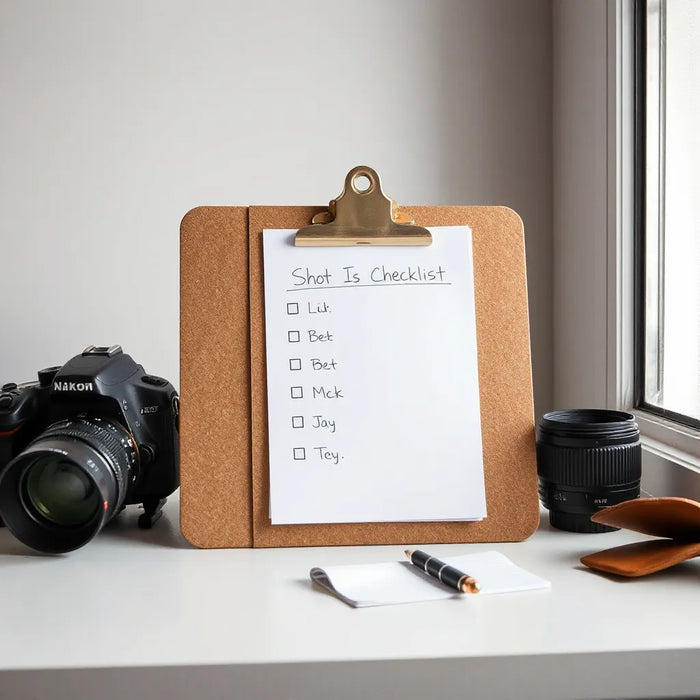 Camera and minimalist shot checklist on a clipboard with a pen on a tidy photography workspace