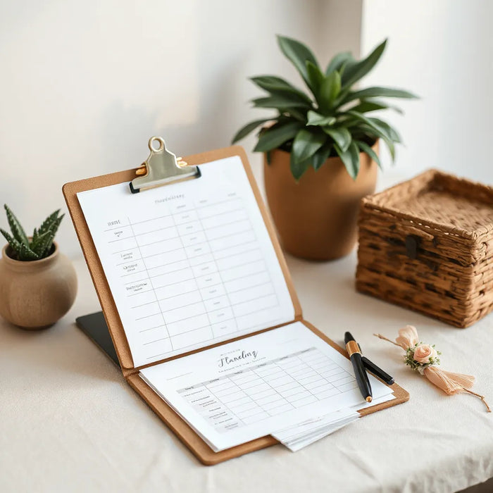 Neatly organized day-of wedding schedule on a table with itinerary pages, pen, and clipboard