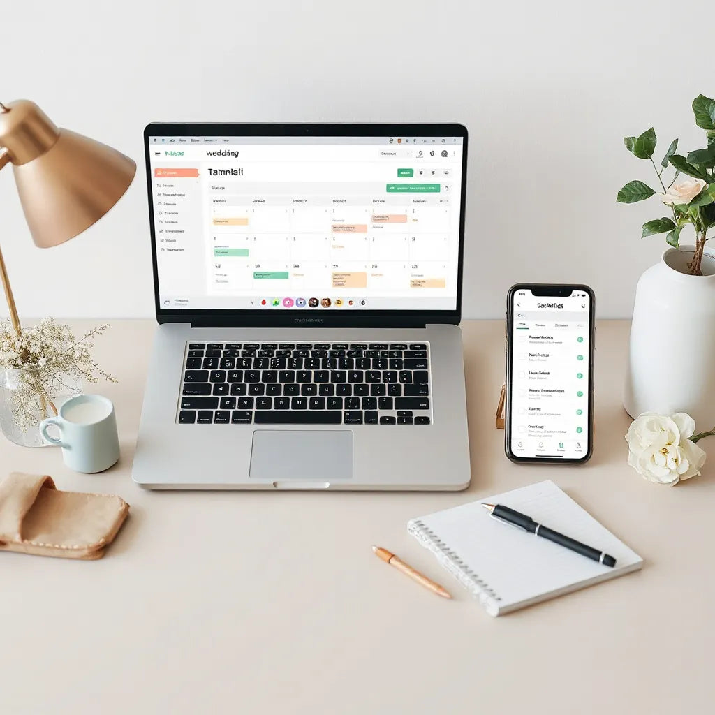 Laptop and smartphone showing a clean wedding planning dashboard with calendar and checklist icons
