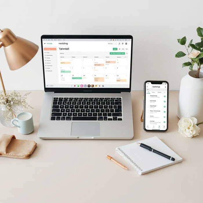 Laptop and smartphone showing a clean wedding planning dashboard with calendar and checklist icons