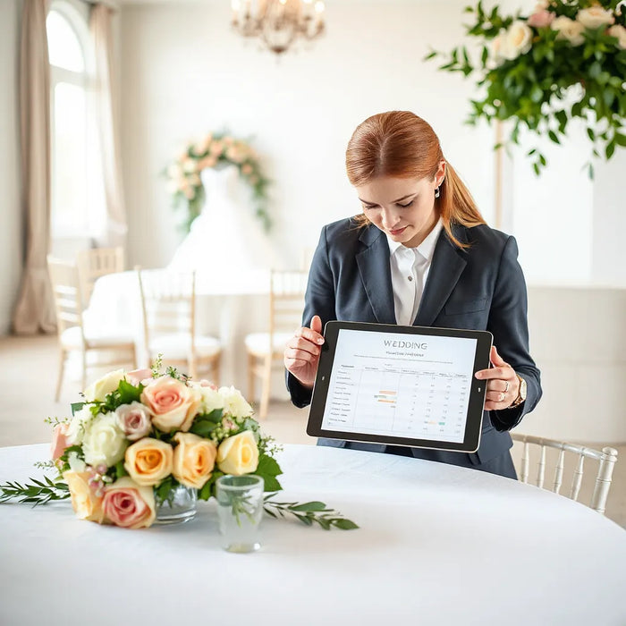 Wedding planner reviewing a timeline and budget with floral decor in a bright event venue