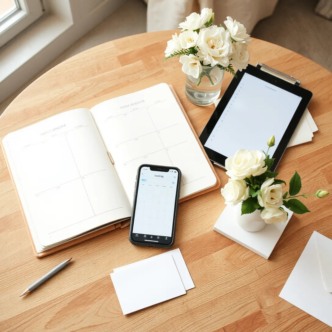 Wedding planner notebook with calendar view, smartphone checklist, and small bouquet on a wooden table