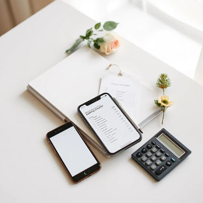 Neutral wedding planning table with a calculator, binder, and small bouquet in soft natural light