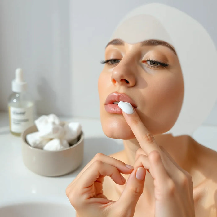 Person applying a gentle fragrance-free moisturizer to calm, even-toned skin with clean cotton pads nearby