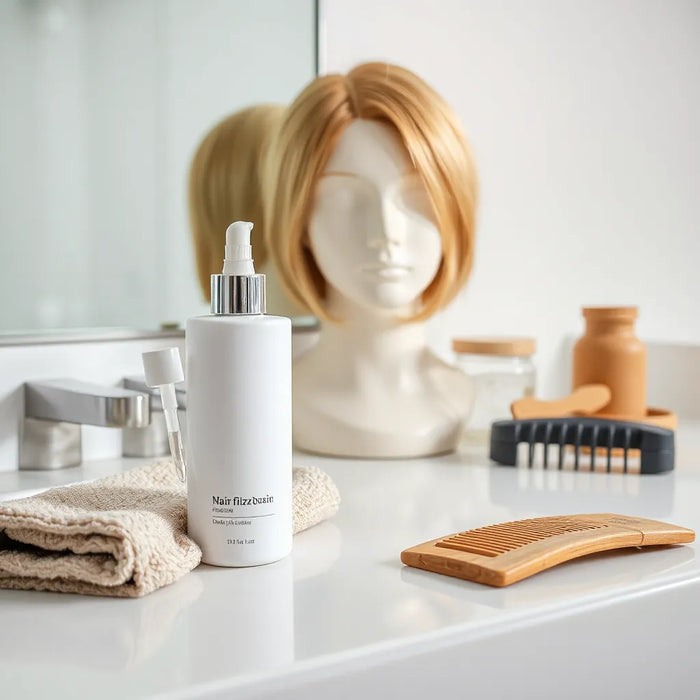 Smooth hair on a mannequin with sleek anti-frizz hair product bottles on a clean vanity