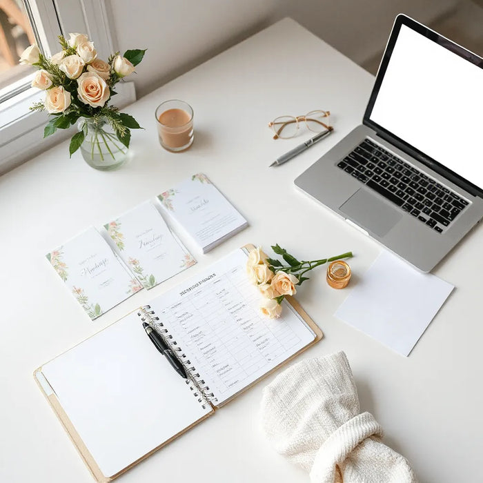 Wedding planner organizing schedules and vendor cards on a clean desk with a small bouquet