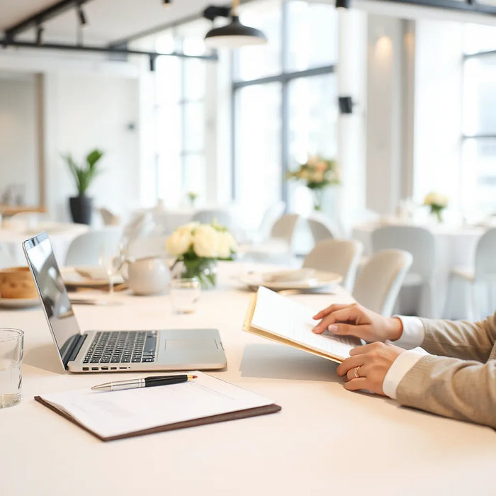 Event planner reviewing a checklist with laptop and notes in a modern venue setting