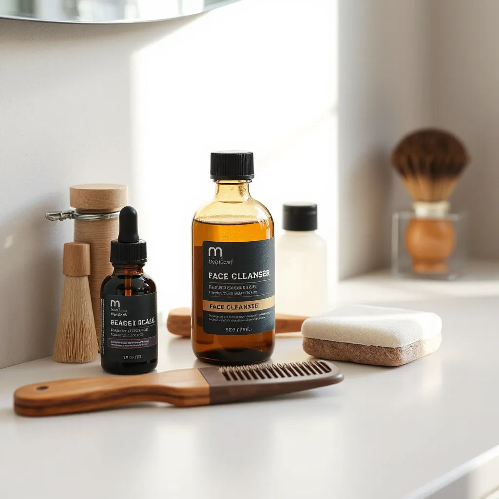 Men’s grooming essentials on a bathroom counter with cleanser, beard oil, comb, and shaving brush
