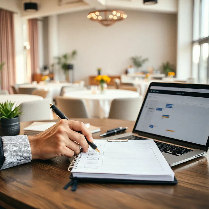 Event planner reviewing a clean checklist at a desk with calendar on a laptop