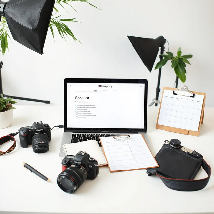 Camera gear and an open checklist notebook on a desk for planning a photo shoot.