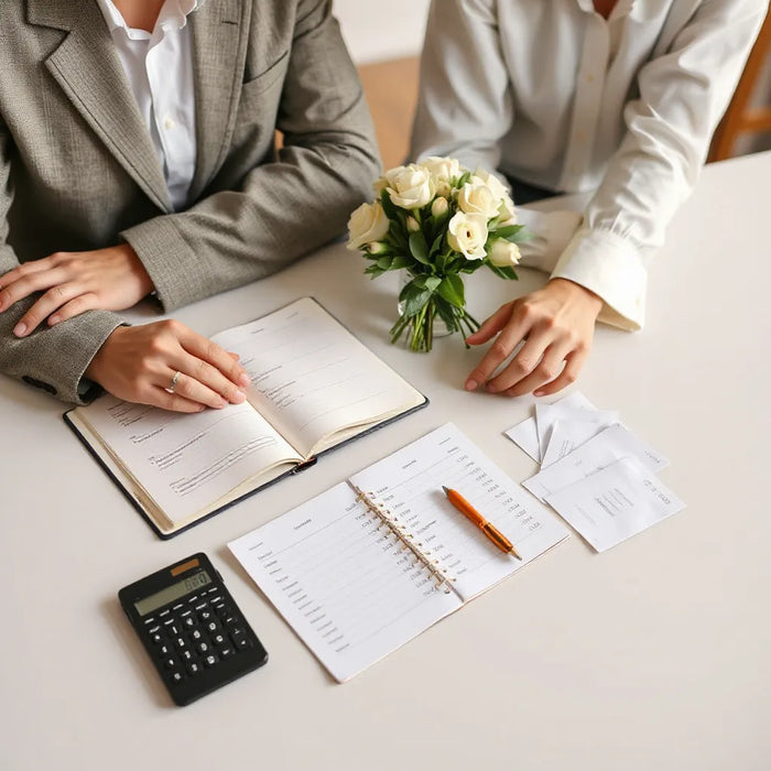 Couple reviewing wedding budget notes with calculator and receipts on a table