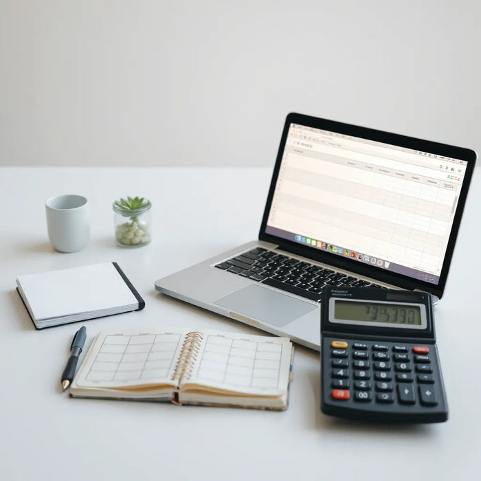 Calculator, notepad, and laptop on a desk with blank budgeting charts for event cost analysis