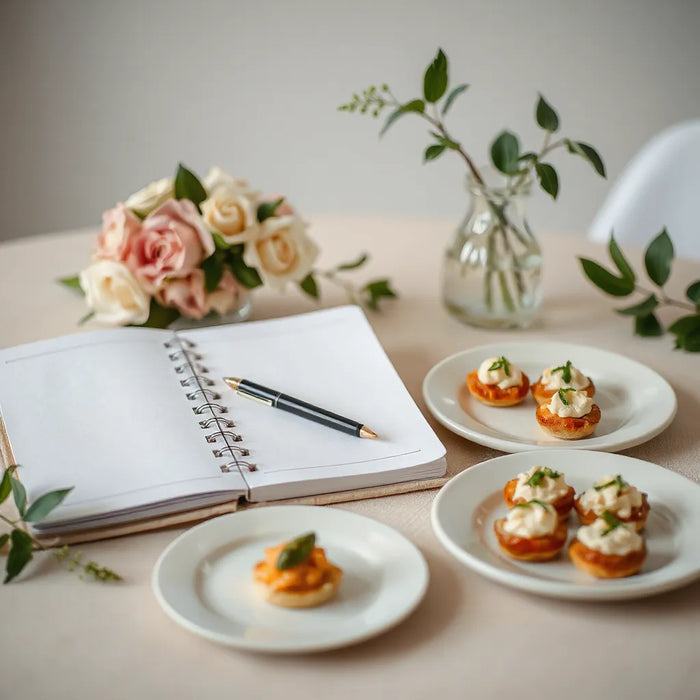 Elegant wedding table with a planner notebook, pen, and plated appetizer samples for menu planning