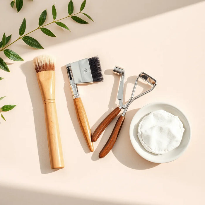 Eco-friendly beauty tools including bamboo brushes, reusable cleansing pad, and stainless accessories arranged neatly