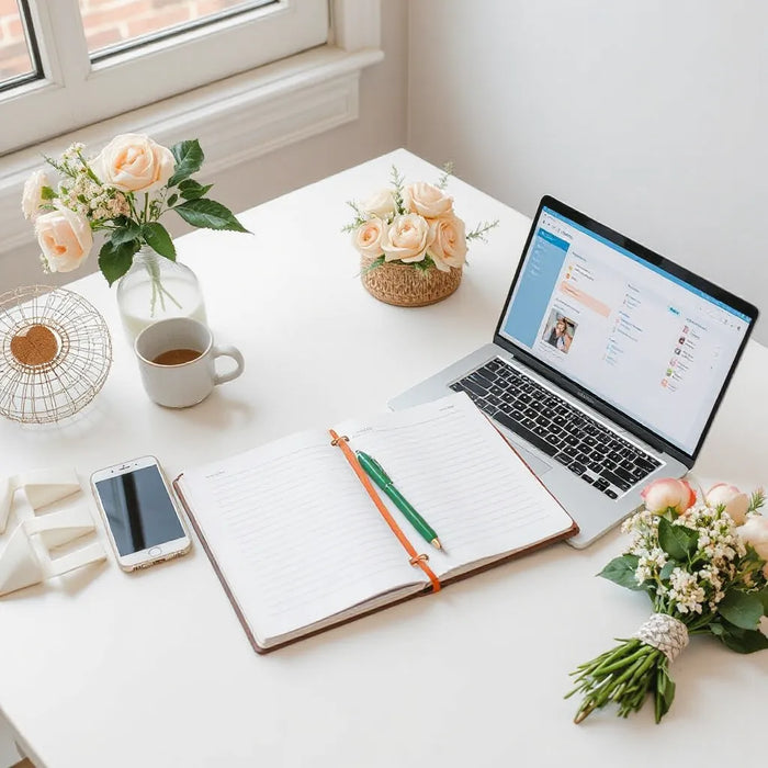 Wedding planning desk with a notebook checklist, pen, and task board on a laptop
