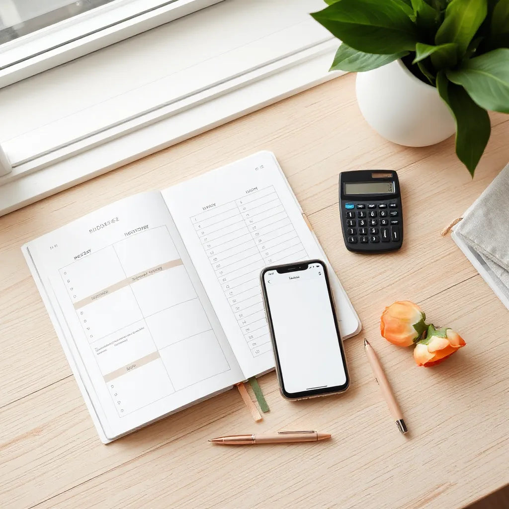 Minimal wedding budgeting setup with planner pages, calculator, and phone showing a finance dashboard