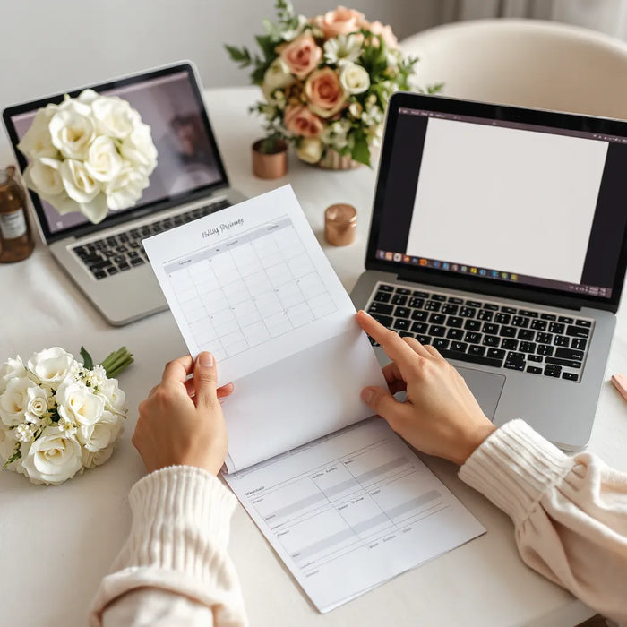 Wedding planning materials on a table with budget notes and a bouquet, suggesting costs and services