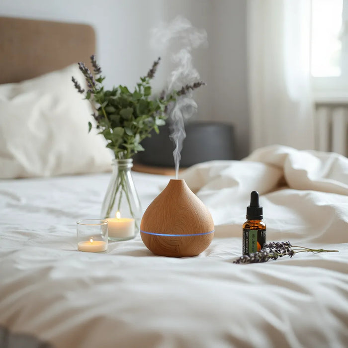 Wooden essential oil diffuser and calming lavender sprigs on a softly lit bedside table