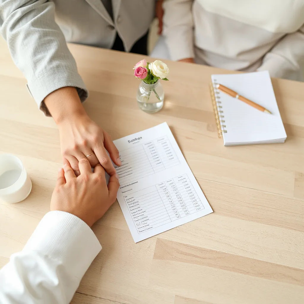 Hands organizing wedding budget cards and a printed spreadsheet on a wooden table with a small bouquet nearby