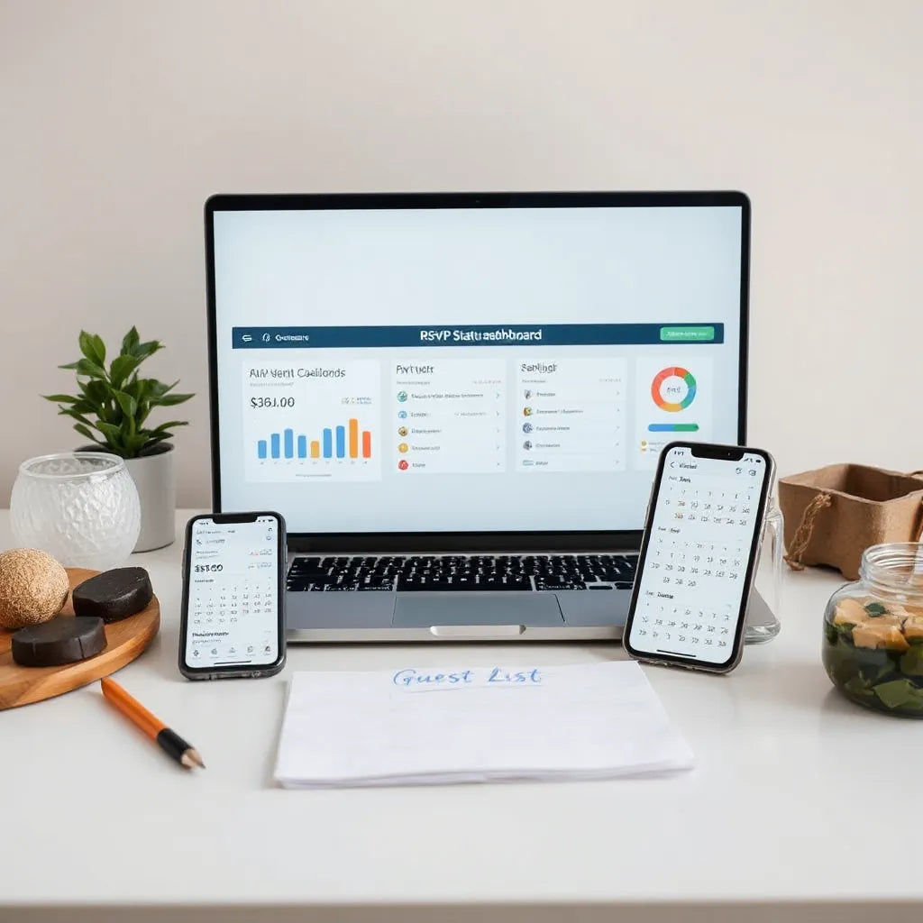 Laptop and smartphone showing live RSVP status indicators for event guest tracking