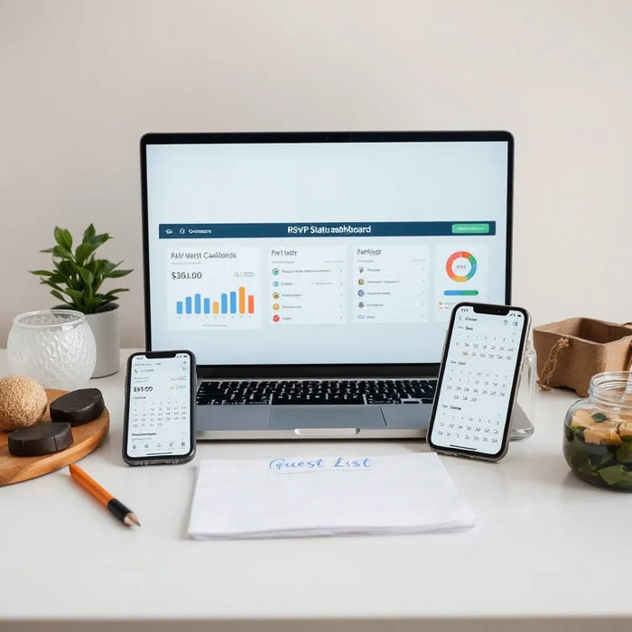 Laptop and smartphone showing live RSVP status indicators for event guest tracking