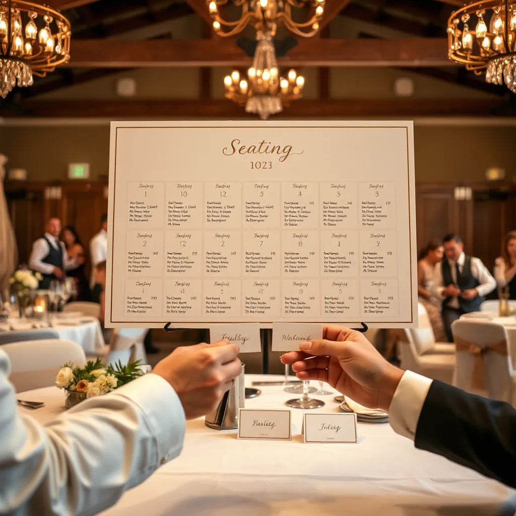 Host arranging place cards into color-coded family sections for guest seating at a reception