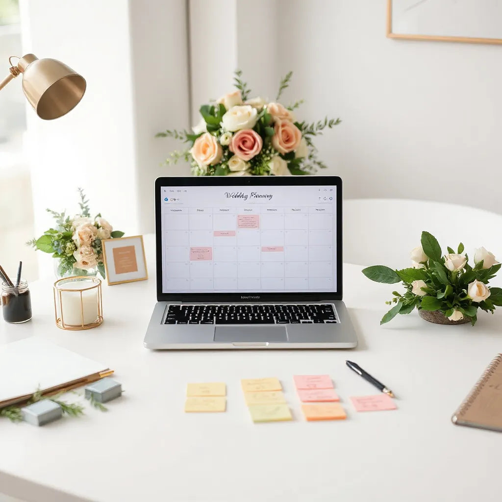 Wedding event planner reviewing a timeline with venue map and planning materials on a modern desk