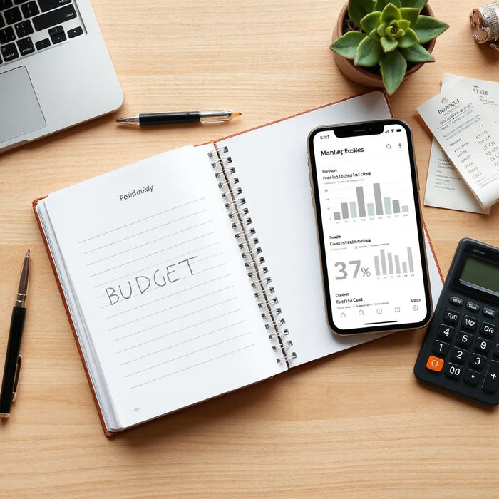 Phone and notebook showing simple expense tracking charts and a monthly budget layout on a tidy desk.